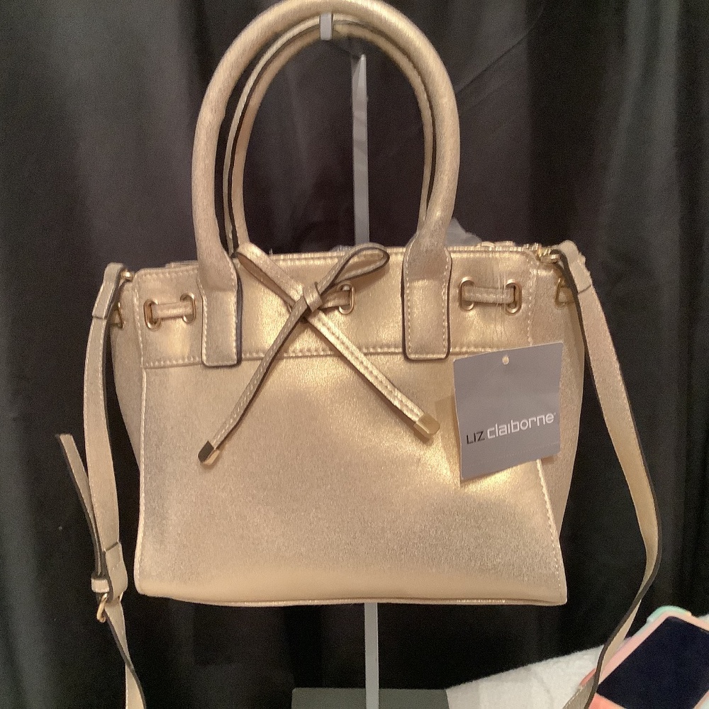 NWT‎ Liz Claiborne Gold shimmery crossbody bow satchel